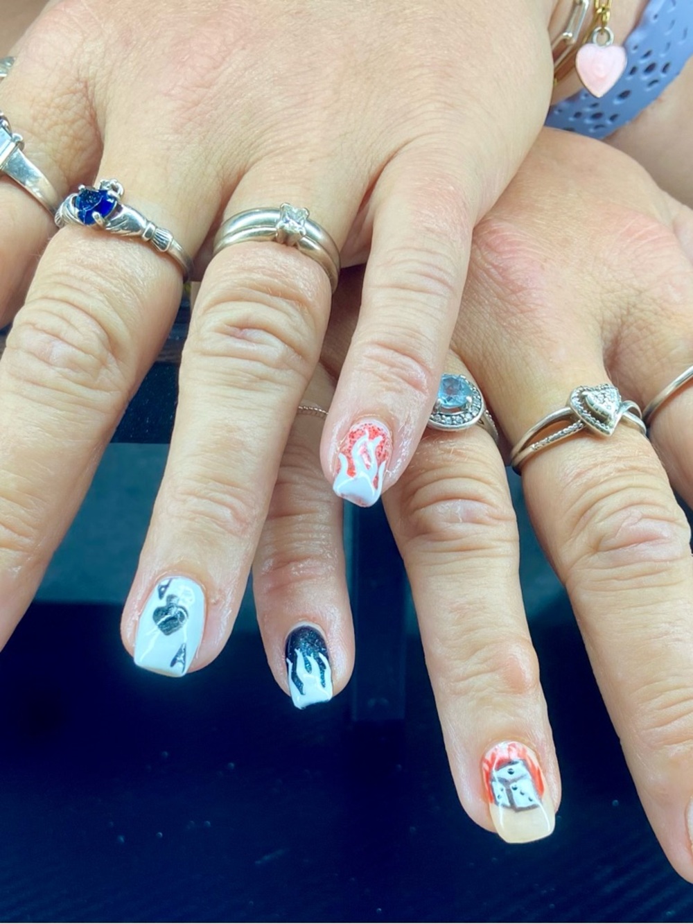 Hand-Painted Flame and Heart Nail Art Set - White, Black, Red